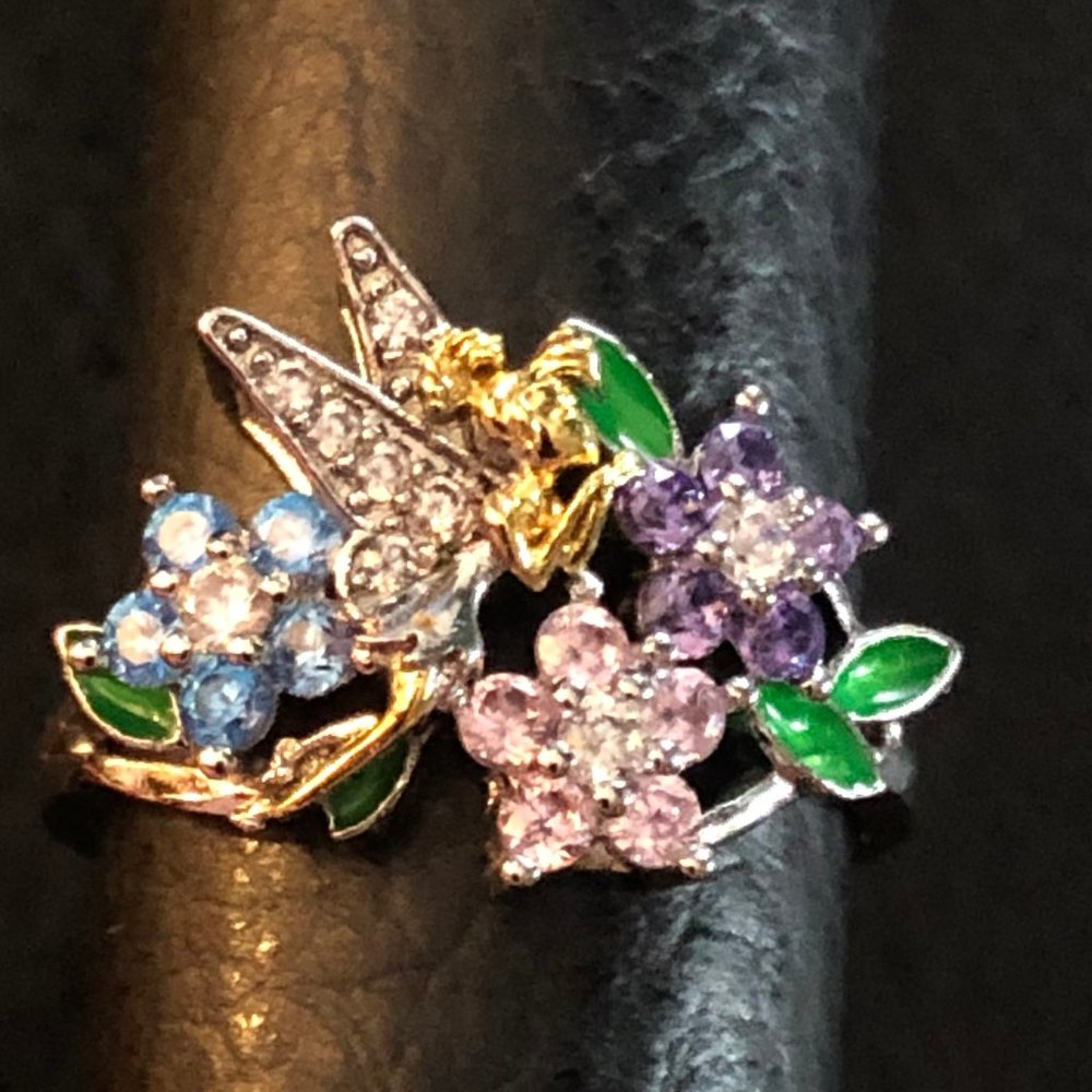 Tinkerbell Fairy Ring Silver Pastel Multicolor CZ Enamel Crystal NWT
